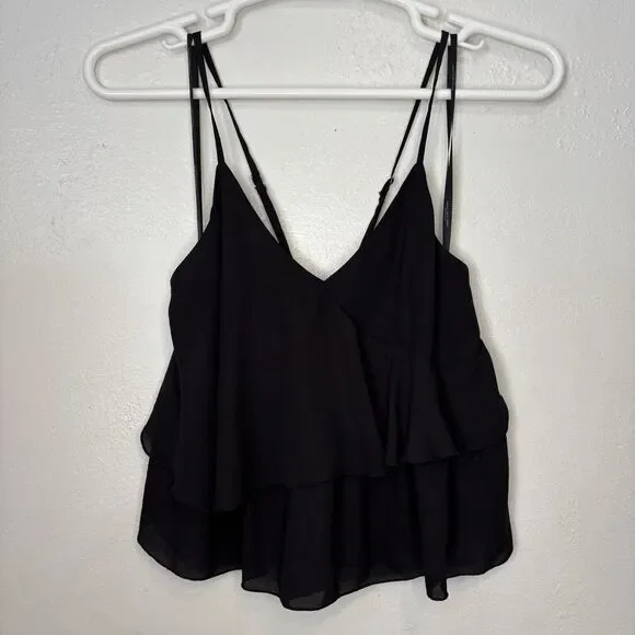 Marc New York Women's Large Black Cropped Top Adj Spaghetti Strap Tiered Flowy - Picture 1 of 4